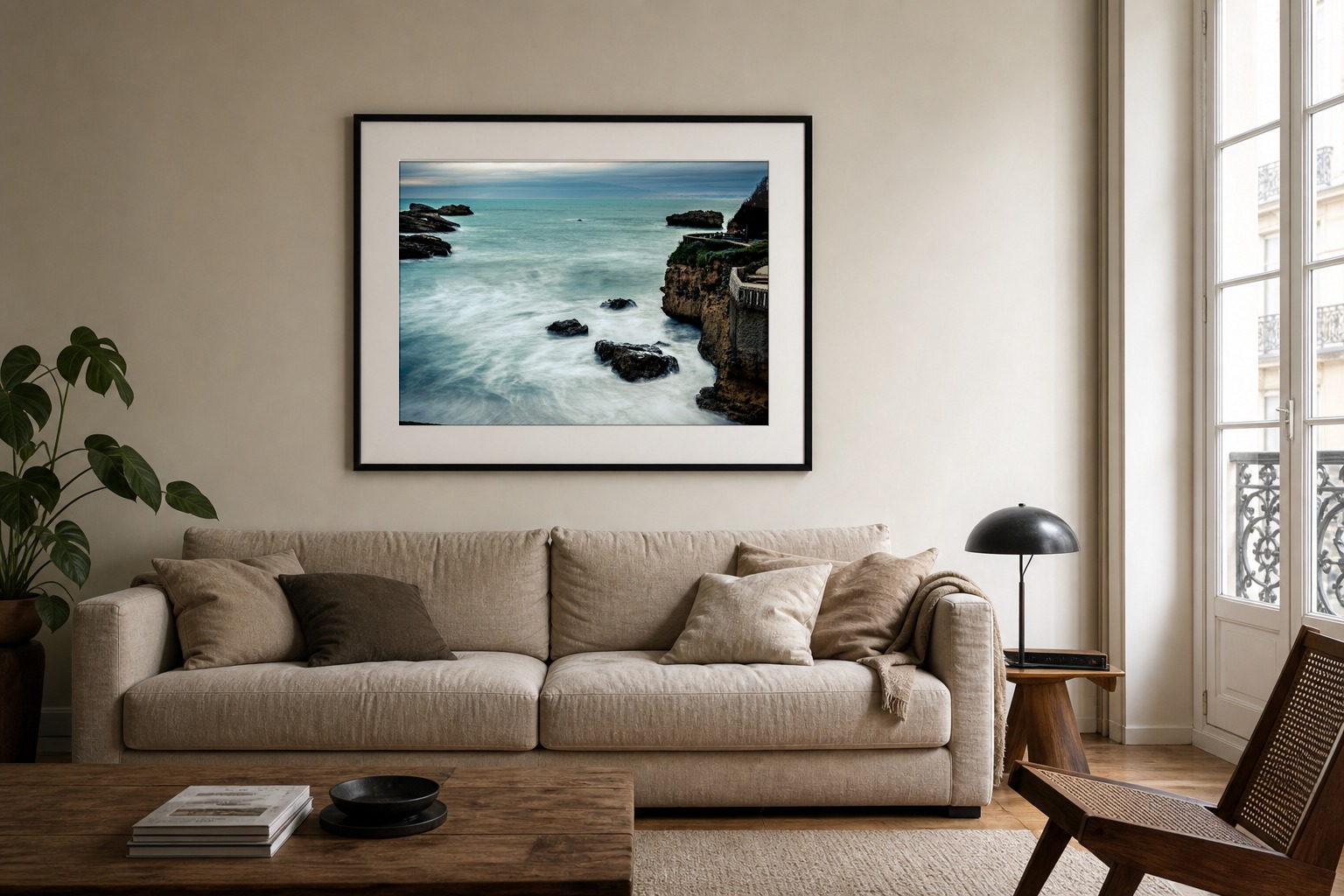 Tirage paysage mis en situation dans un salon contemporain